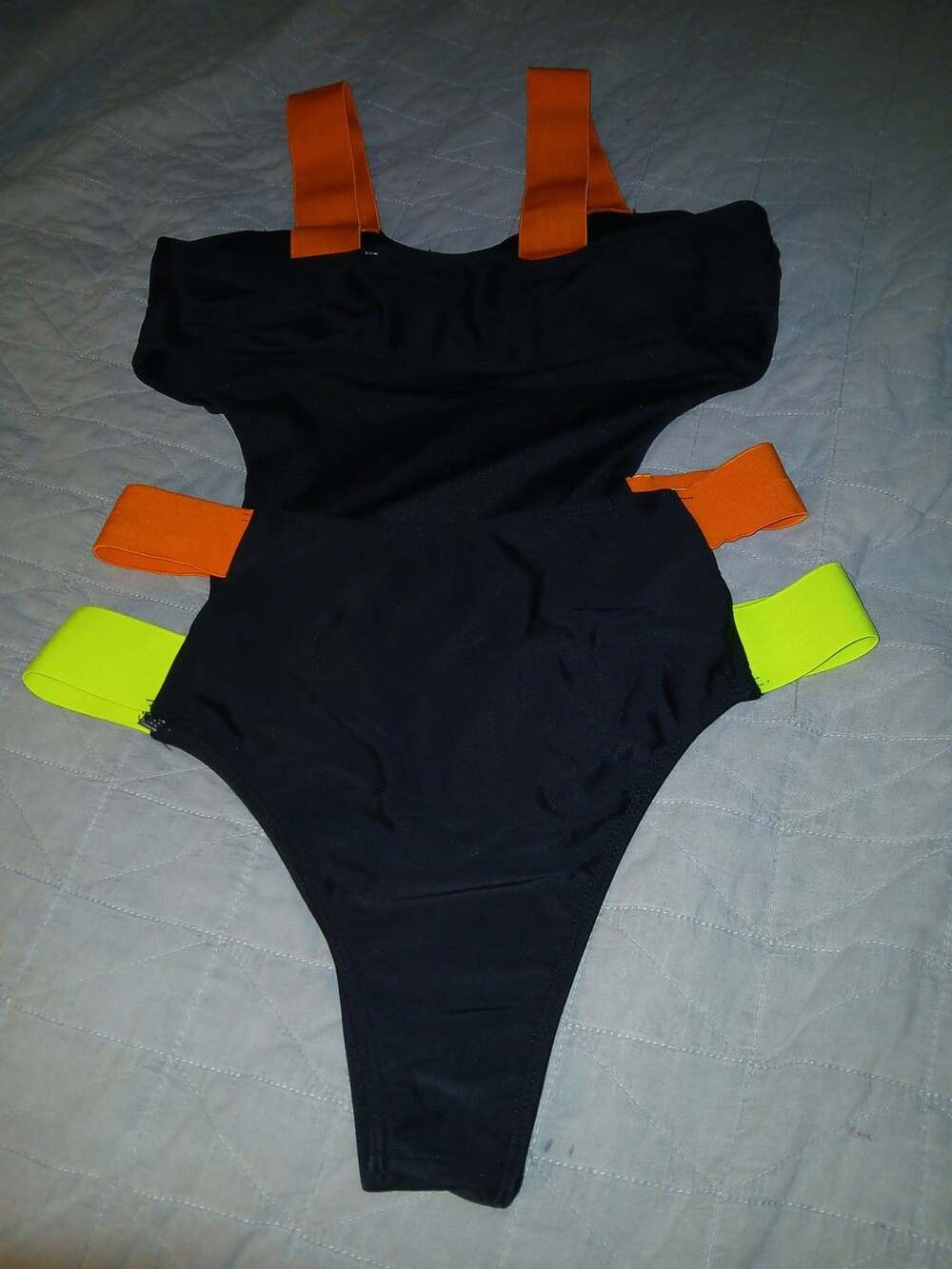 Unbranded Black Cutout One-Piece Swimsuit with Neon Straps Size L